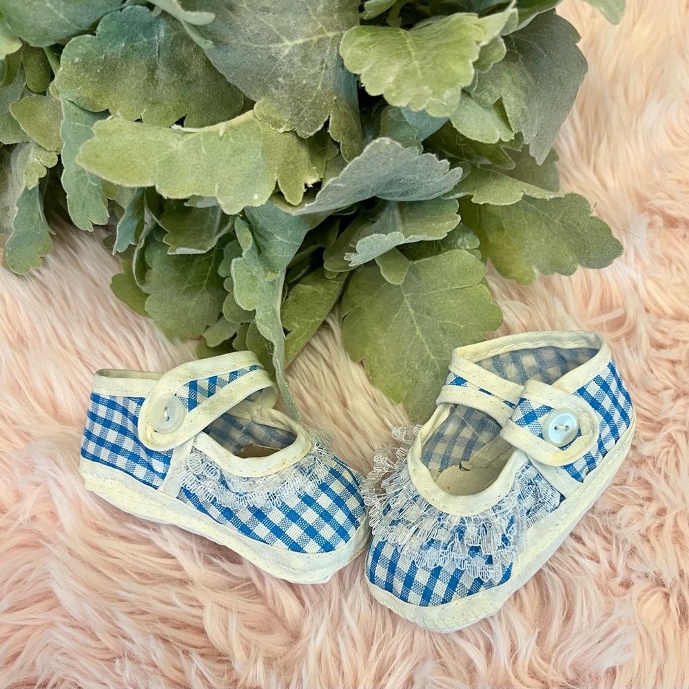 Vintage Baby Girl White‎ Blue Gingham Lace Trim Mary Jane Crib Shoes Infant Sz 1